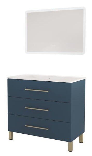 ONDEE - Meuble à poser MONACO - Dim 90cm - Bleu Minéral - Mir ATHENA - Poignées Dorées - large