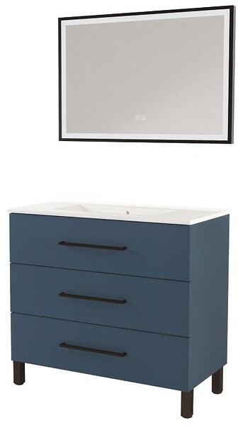 ONDEE - Meuble à poser MONACO - Dim 90cm - Bleu Minéral - Mir SELENA - Poignées noires - large