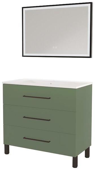 ONDEE - Meuble à poser MONACO - Dim 90cm - Vert Sauge - Mir SELENA - Poignées noires - large
