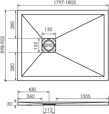 ONDEE - Receveur de douche NARA - Antidérapant Découpable 90x200 cm Résine - Gris - Bonde - large