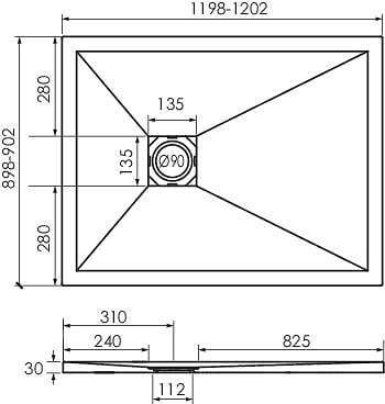 ONDEE - Receveur de douche NARA - Antidérapant Découpable 90x120 cm Résine - Gris - Bonde - large