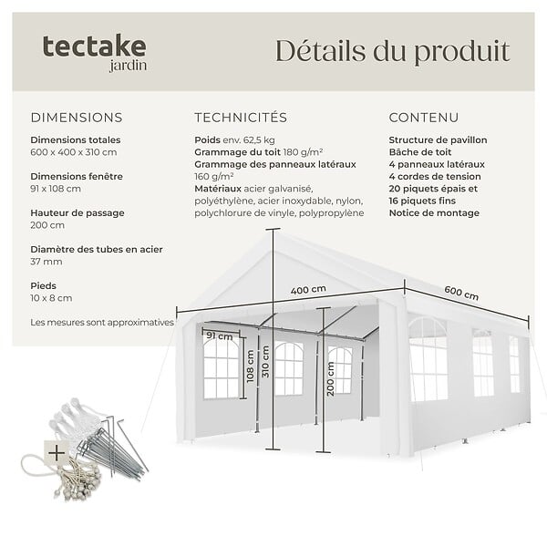 TECTAKE - Tonnelle 6 x 4 m blanche structure acier revêtu par poudre panneaux polyéthylène imperméable protection uv 50+ fenêtres amovibles - large