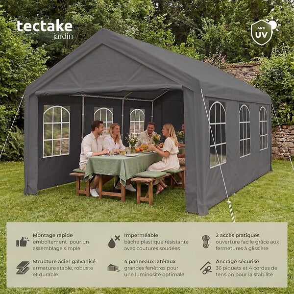TECTAKE - Tonnelle 4 x 6 m imperméable protection uv 50+ gris structure solide acier bâche de toit panneaux latéraux amovibles fenêtres - large