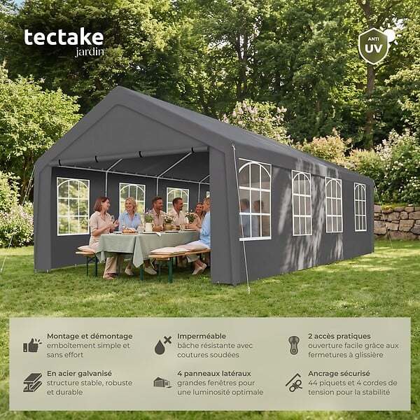 TECTAKE - 4 X 8 m pavillon de réception étanche protection uv 50+ gris tente événementielle 800 x 400 x 310 cm - large