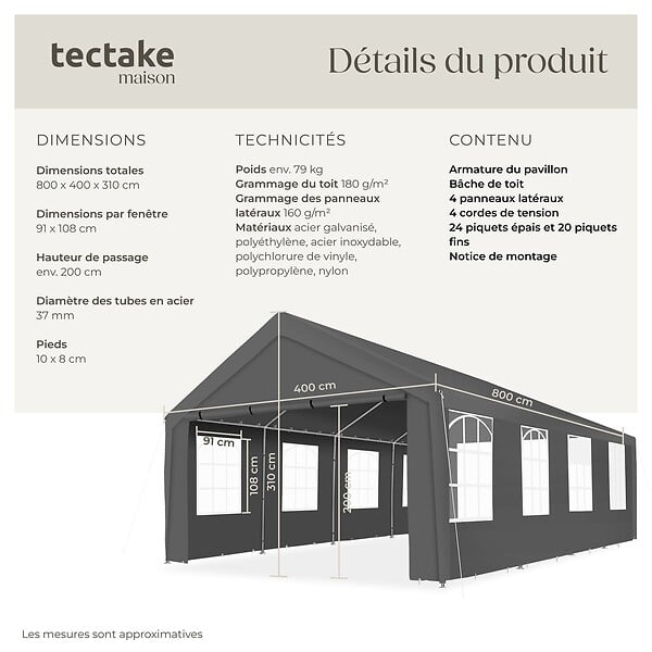 TECTAKE - 4 X 8 m pavillon de réception étanche protection uv 50+ gris tente événementielle 800 x 400 x 310 cm - large