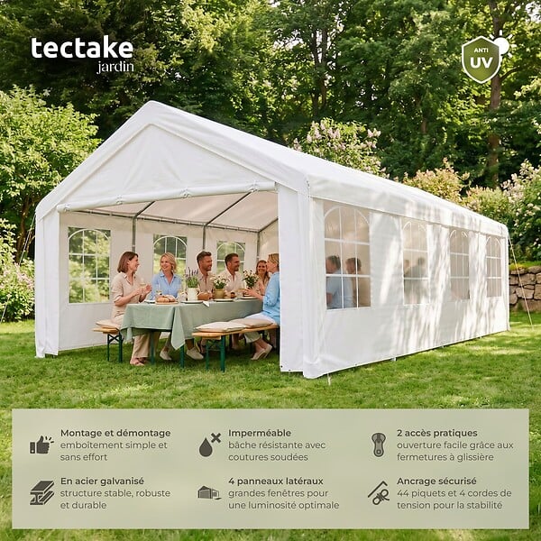 TECTAKE - 4 X 8 m tente de réception imperméable protection uv 50+ blanc structure acier bâches résistantes fenêtres amovibles - large