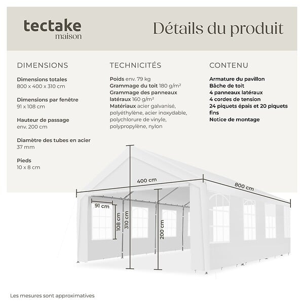 TECTAKE - 4 X 8 m tente de réception imperméable protection uv 50+ blanc structure acier bâches résistantes fenêtres amovibles - large