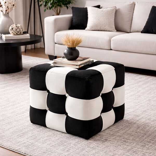 HABITAT ET JARDIN - Pouf en velours "Patchwork" - 42 x 42 x 42 cm - Noir / Blanc - large