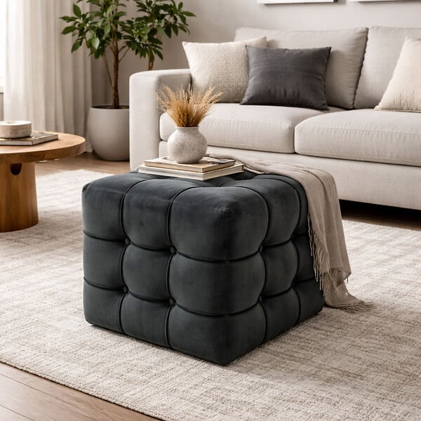 HABITAT ET JARDIN - Pouf en velours "Lizbon" - 42 x 42 x 42 cm - Gris - large