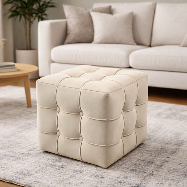 HABITAT ET JARDIN - Pouf en velours "Lizbon" - 42 x 42 x 42 cm - Crème - large