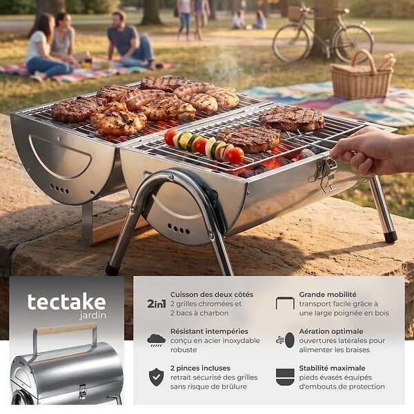 TECTAKE - Barbecue en acier inoxydable noir double surface cuisson 34 x 45 cm bacs charbon 2 pinces poignée bois - large
