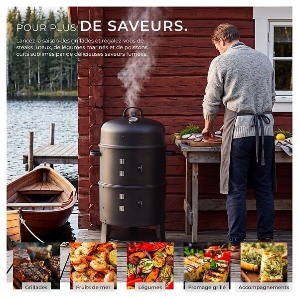 TECTAKE - Fumoir barbecue 3 en 1 noir avec thermomètre 2 rôtis ø 41 cm évacuation d air réglable - large