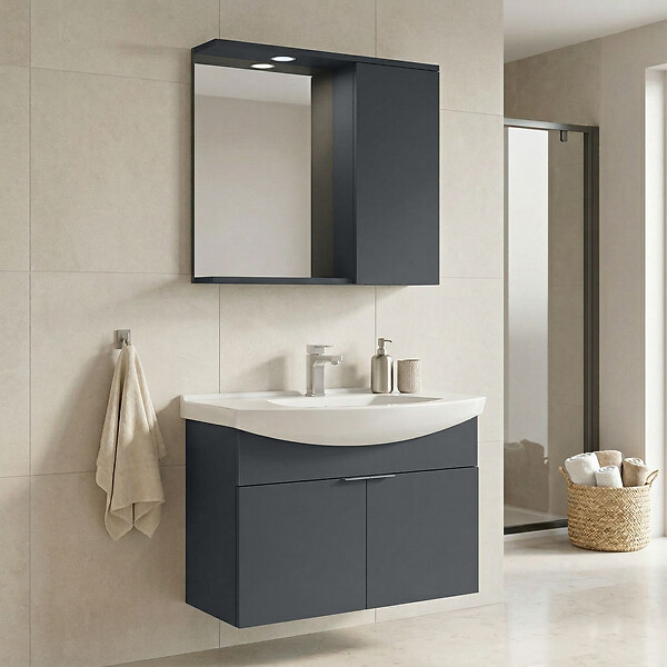 HABITAT ET JARDIN - Ensemble Meuble Vasque avec Miroir (2 Pièces) "Purus 80" - 80 x 50 x 58 cm - Matte Anthracite - large