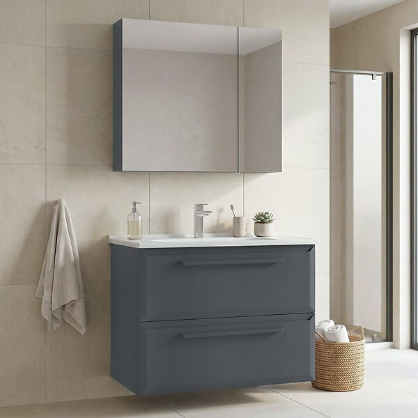 HABITAT ET JARDIN - Ensemble Meuble Vasque avec Miroir (2 Pièces) "Nuvola 80 v2" - 80 x 50 x 62 cm - Anthracite - large