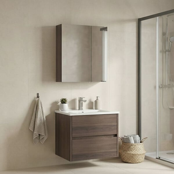 HABITAT ET JARDIN - Ensemble Meuble Vasque avec Miroir (2 Pièces) "Side 65 v2" - 65 x 45 x 52 cm - Walnut - large