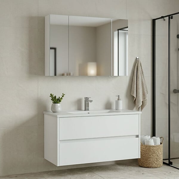 HABITAT ET JARDIN - Ensemble Meuble Vasque avec Miroir (2 Pièces) "Side 100 v3" - 100 x 16 x 52 cm - Matte White - large