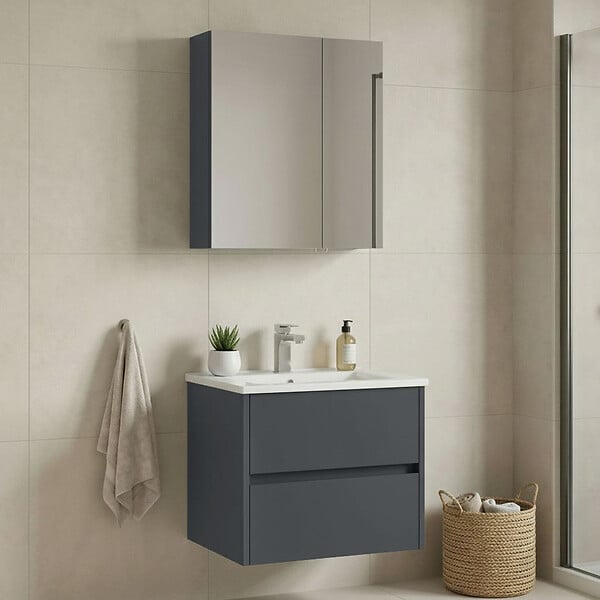 HABITAT ET JARDIN - Ensemble Meuble Vasque avec Miroir (2 Pièces) "Side 65 v2" - 65 x 45 x 52 cm - Matte Anthracite - large