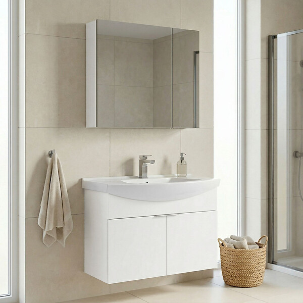 HABITAT ET JARDIN - Ensemble Meuble Vasque avec Miroir (2 Pièces) "Purus 80" - 80 x 50 x 58 cm - White - large