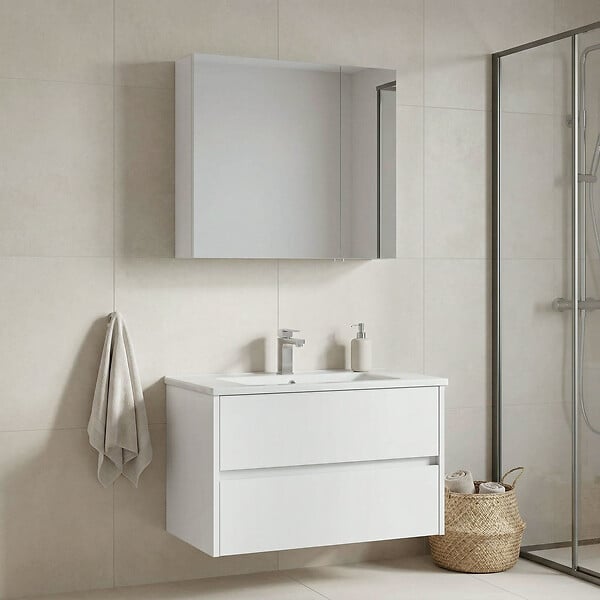 HABITAT ET JARDIN - Ensemble Meuble Vasque avec Miroir (2 Pièces) "Side 85 v2" - 85 x 45 x 52 cm - Matte White - large