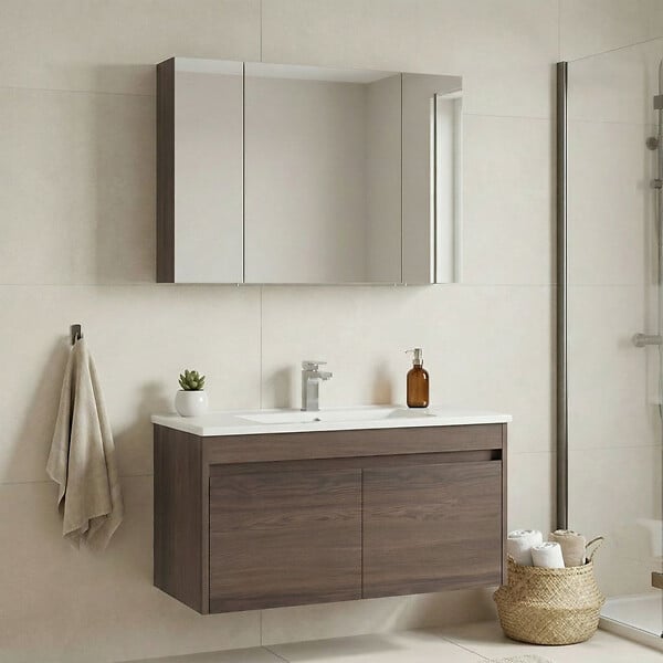 HABITAT ET JARDIN - Ensemble Meuble Vasque avec Miroir (2 Pièces) "Side 100 v3" - 100 x 45 x 52 cm - Walnut - large