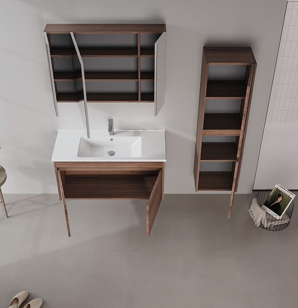 HABITAT ET JARDIN - Ensemble Meuble Vasque avec Miroir (2 Pièces) "Side 100 v3" - 100 x 45 x 52 cm - Walnut - large