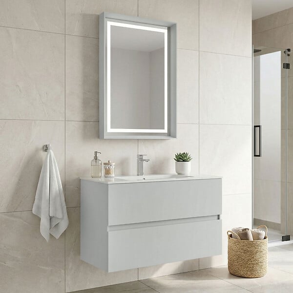 HABITAT ET JARDIN - Ensemble Meuble Vasque avec Miroir (2 Pièces) "Nest 91 v2" - 91 x 51 x 55 cm - Matte Cashmere - large