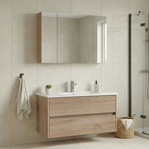 HABITAT ET JARDIN - Ensemble Meuble Vasque avec Miroir (2 Pièces) "Side 100 v3" - 100 x 16 x 52 cm - Oak - large