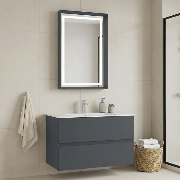 HABITAT ET JARDIN - Ensemble Meuble Vasque avec Miroir (2 Pièces) "Nest 91 v2" - 91 x 51 x 55 cm - Matte Anthracite - large