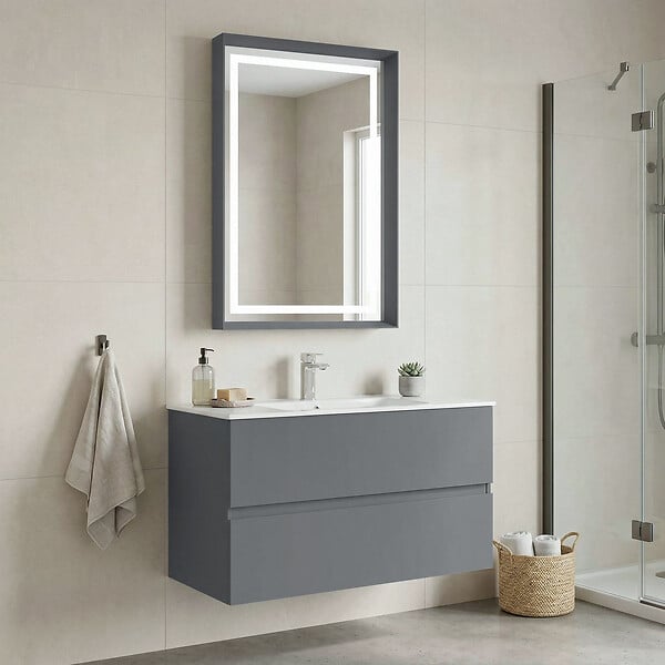 HABITAT ET JARDIN - Ensemble Meuble Vasque avec Miroir (2 Pièces) "Nest 91 v2" - 91 x 51 x 55 cm - Matte Grey - large