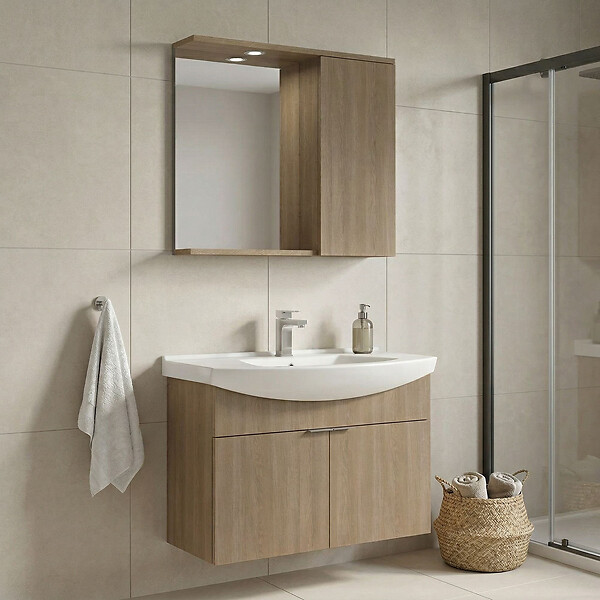 HABITAT ET JARDIN - Ensemble Meuble Vasque avec Miroir (2 Pièces) "Purus 80" - 80 x 50 x 58 cm - Oak - large