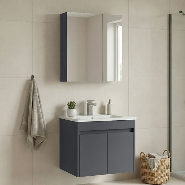HABITAT ET JARDIN - Ensemble Meuble Vasque avec Miroir (2 Pièces) "Side 65 v2" - 65 x 45 x 52 cm - Matte Anthracite - large
