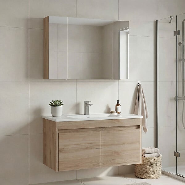 HABITAT ET JARDIN - Ensemble Meuble Vasque avec Miroir (2 Pièces) "Side 100 v3" - 100 x 45 x 52 cm - Oak - large