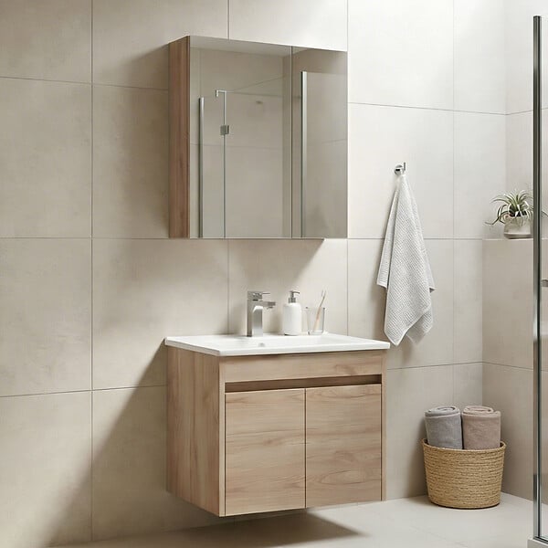 HABITAT ET JARDIN - Ensemble Meuble Vasque avec Miroir (2 Pièces) "Side 65 v2" - 65 x 45 x 52 cm - Oak - large