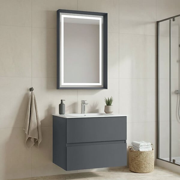 HABITAT ET JARDIN - Ensemble Meuble Vasque avec Miroir (2 Pièces) "Nest 71 v2" - 71 x 51 x 55 cm - Matte Anthracite - large
