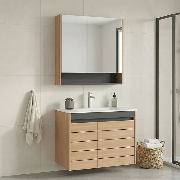 HABITAT ET JARDIN - Ensemble Meuble Vasque avec Miroir (2 Pièces) "Ricato 80" - 81 x 47 x 62 cm - Oak - large