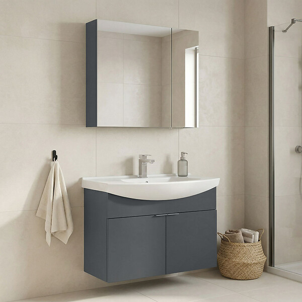 HABITAT ET JARDIN - Ensemble Meuble Vasque avec Miroir (2 Pièces) "Purus 80" - 80 x 50 x 58 cm - Matte Anthracite - large