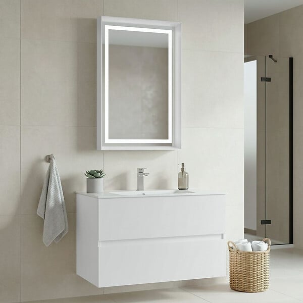 HABITAT ET JARDIN - Ensemble Meuble Vasque avec Miroir (2 Pièces) "Nest 91 v2" - 91 x 51 x 55 cm - Matte White - large