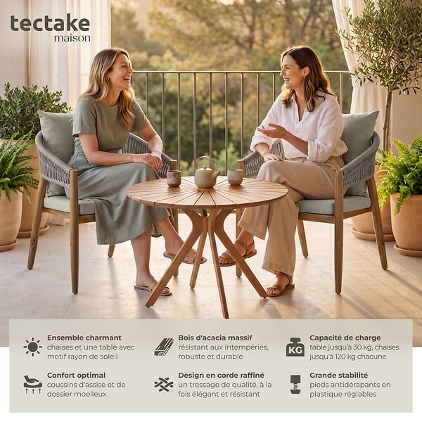 TECTAKE - Ensemble jardin bois acacia 3 pièces grège 2 chaises table plateau décoratif soleil en acacia - large