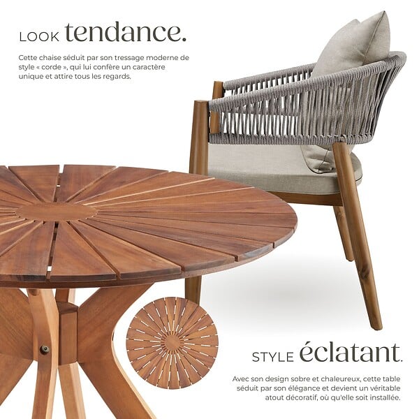 TECTAKE - Ensemble jardin bois acacia 3 pièces grège 2 chaises table plateau décoratif soleil en acacia - large