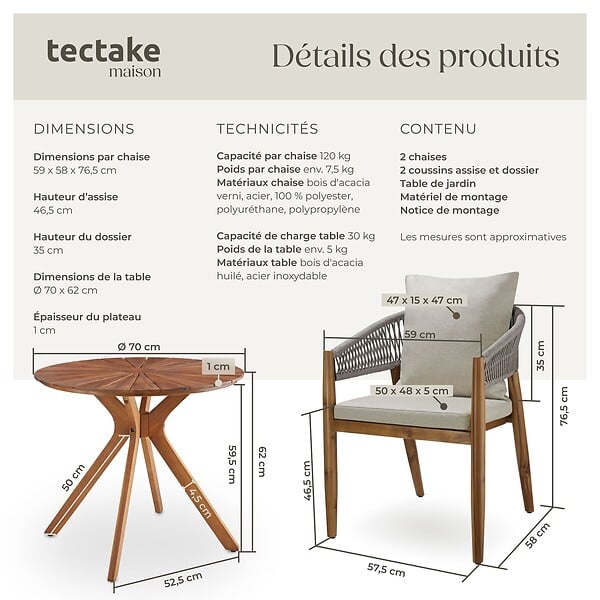 TECTAKE - Ensemble jardin bois acacia 3 pièces grège 2 chaises table plateau décoratif soleil en acacia - large
