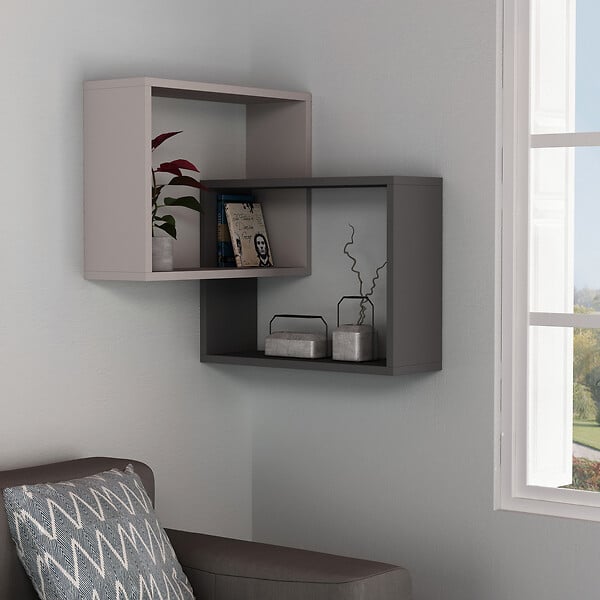 HABITAT ET JARDIN - Lot de 2 étagères murales d'angle en bois "Ring" - 68 x 60 x 68 cm - Moka clair - large
