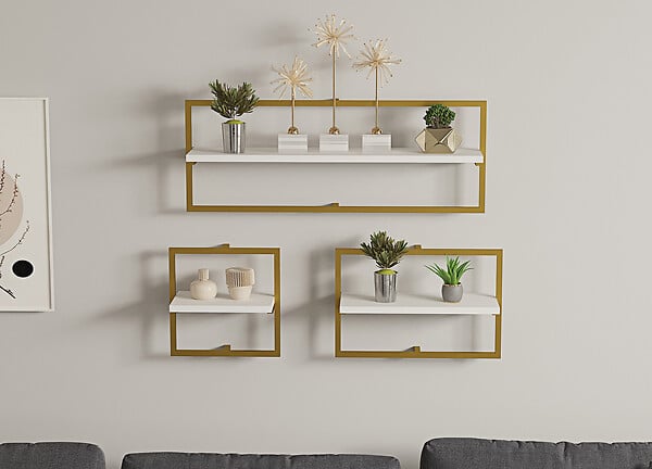 HABITAT ET JARDIN - Étagère murale en bois "Yeso" - 80 x 20 x 30 cm - Blanc, Or - large