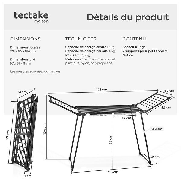 TECTAKE - Séchoir à linge LIFE pliable de 1,8 m noir - large