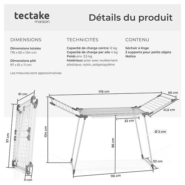 TECTAKE - Séchoir à linge LIFE pliable de 1,8 m blanc - large