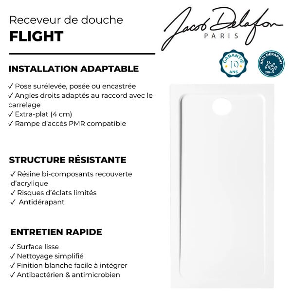 JACOB DELAFON - Receveur de douche Flight rectangle extra plat antidérapant 170 x 90 cm - large