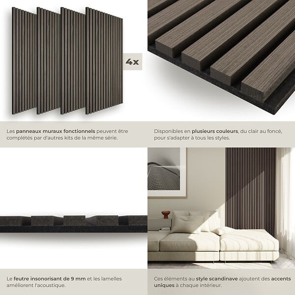 TECTAKE - Lot de 4 panneaux acoustiques 3d en mdf avec placage en bois véritable chêne gris feutre insonorisant découpage facile 120 x 60 cm - large