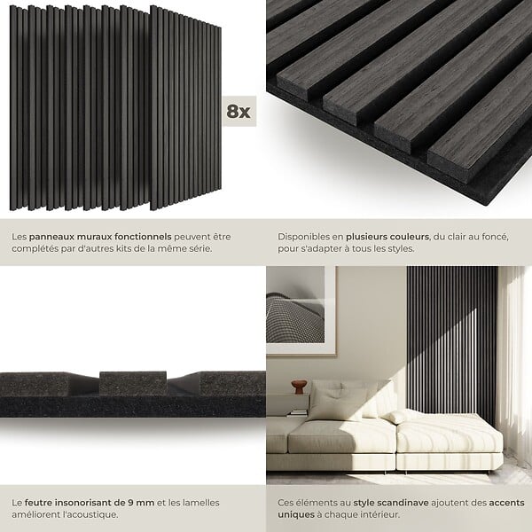 TECTAKE - Lot 8 panneaux acoustiques 3d feutre insonorisant découpage placage en bois véritable chêne noir 110 x 50 cm - large