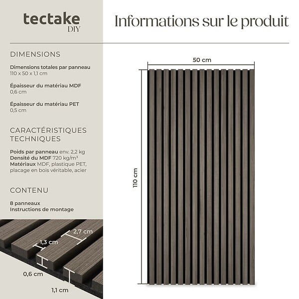 TECTAKE - Lot de 8 panneaux acoustiques muraux placage en bois véritable chêne gris 110 x 50 cm 3d feutre insonorisant découpables - large