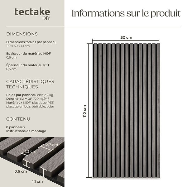 TECTAKE - Panneaux acoustiques Sonic Wall IV aspect bois chêne gris clair - large