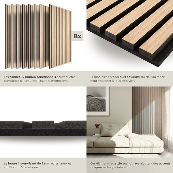 TECTAKE - Lot 8 panneaux acoustiques 3d placage en bois véritable feutre insonorisant découpables chêne clair 120 x 60 cm - large